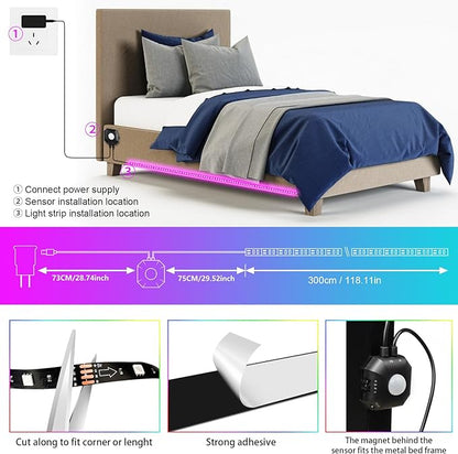 Motion Activated Under Bed Lights,9.84FT App Control Dimmable Night RGB Led Strip Lights,Motion Sensor LED Light Strip with 5V USB, Variety Color Dynamic Modes Music Sync for Cabinet Bedroom Stairs