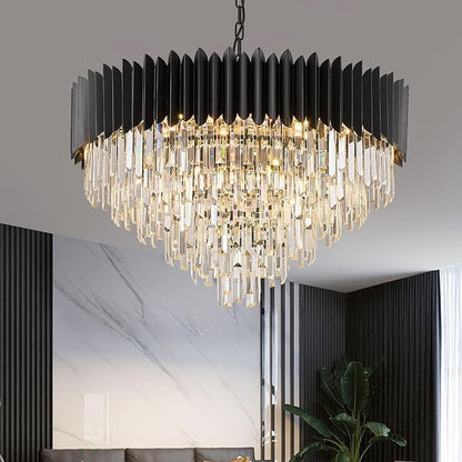 30'' Black Crystal Chandelier 6-Tier K9 Crystal Round Pendant Lights 15-Lights Adjustable Large Modern Crystal Chandelier Light for Dining Room Living Room Kitchen Foyer Entryway