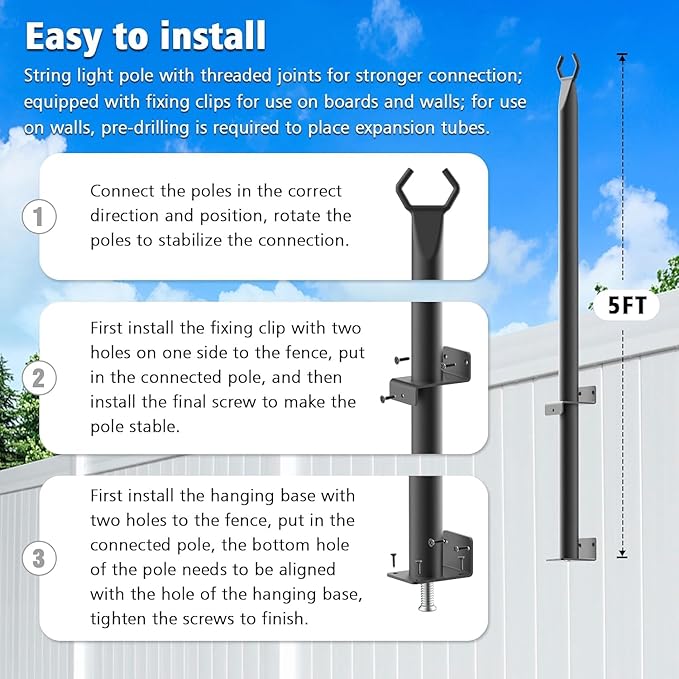 NUERPO Pack String Light Poles,5 Ft Metal Poles with Fork for Outdoor String Lights,Outdoor Light Poles with Fork,Poles/Post/Stand for Outside,Patio (2 Pack 5FT)