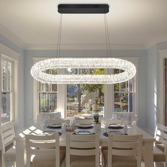 Crystal Ring Chandelier, 31.5'' Black Crystal Ring Pendant Light for Kitchen Island Modern Linear Oval Chandeliers for Dining Room Dimmable 3000K-6000K