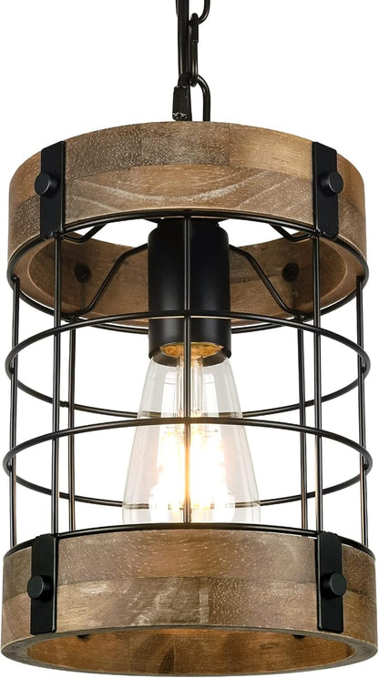 Rustic Pendant Light Fixtures, Farmhouse Kitchen Wood Hanging Lighting, Industrial Round Cage Chandelier for Entryway Hallway Dining Room Bedroom Foyer