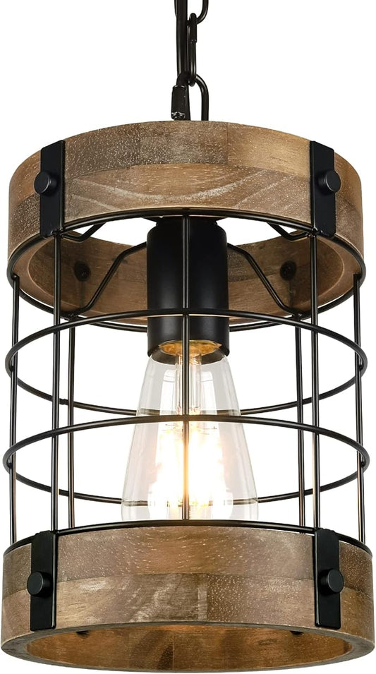Rustic Pendant Light Fixtures, Farmhouse Kitchen Wood Hanging Lighting, Industrial Round Cage Chandelier for Entryway Hallway Dining Room Bedroom Foyer