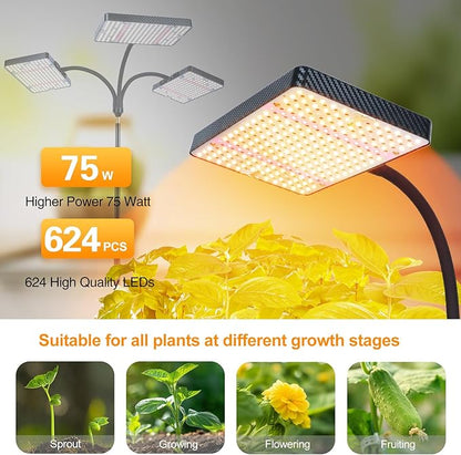FECiDA 2026 3Head Grow Light with Stand, 75 Watt Power Draw, Bright and Big Coverage Grow Lights for Large Houseplants, Bonsai Tree, 4/8/12/16/20 Hr Timer, 24"-72" Height Adjustable, 360° Gooseneck