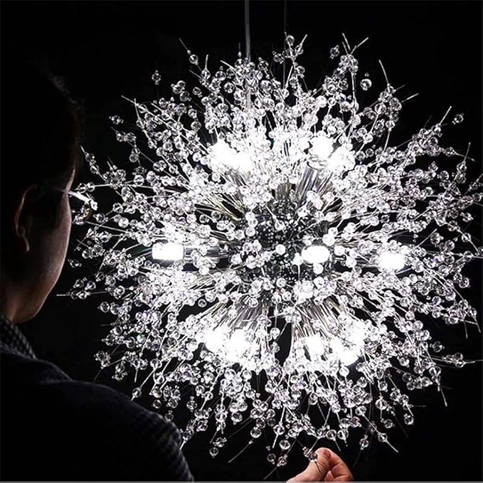 Modern Dandelion Firework Chandelier, Chrome Dining Room Chandelier, Crystal Hanging Pendant Lighting Fixture for Living Room, Bathroom, Bedroom, Restaurant, 16-Light