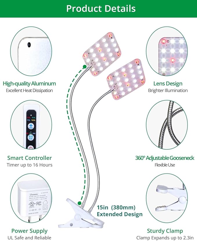 Plant Light, Dimmable Desk Clip on Plant Light for Indoor Plants with 6/12/16h Timer, Gooseneck Grow Lamps, Full Spectrum for Seeding, Succulent, Potted Plants, 2-Head