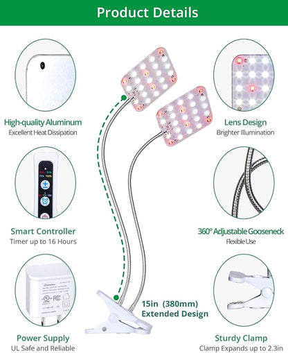 Plant Light, Dimmable Desk Clip on Plant Light for Indoor Plants with 6/12/16h Timer, Gooseneck Grow Lamps, Full Spectrum for Seeding, Succulent, Potted Plants, 2-Head