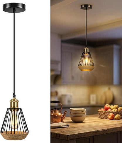 ropelux Pendant Lights Kitchen Island, Modern Kitchen Island Lighting, Adjustable Height Farmhouse Black Gold Brass Hanging Light Fixture for Living Room Sink Dinning Room Bedroom- 1PC