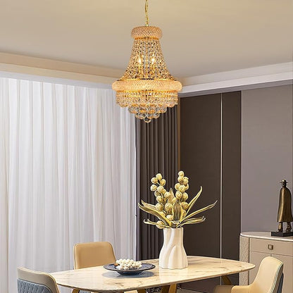 Crystal Chandeliers for Dining Room Light Fixtures Over Table, Empire Style K9 Crystal Chandelier for Living Room, 6 Lights Gold Luxury Lighting Fixtures for Bedroom Kitchen Island Entryway D15 Inch