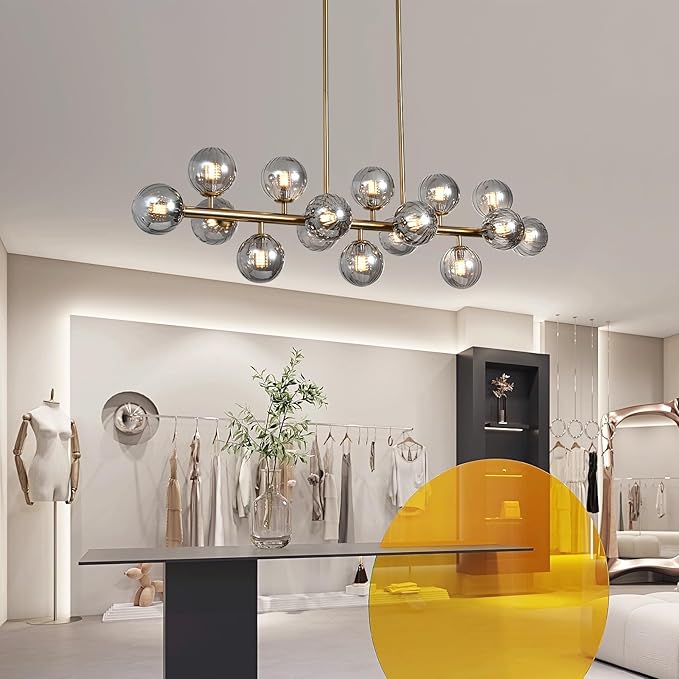 Brass Gold Rectangle Chandelier Modern Chandelier Smoke Grey Globe Glass Pendant Light Fixture Adjustable for Dining Living Room Kitchen Island Over Table 16-Light 50''