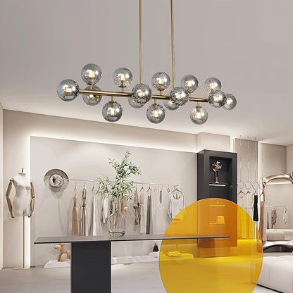 Globe Gold Chandelier Smoke Grey Linear Rectangle Modern Chandeliers Glass Pendant Light Fixture Adjustable for Dining Living Room Kitchen Island 55"