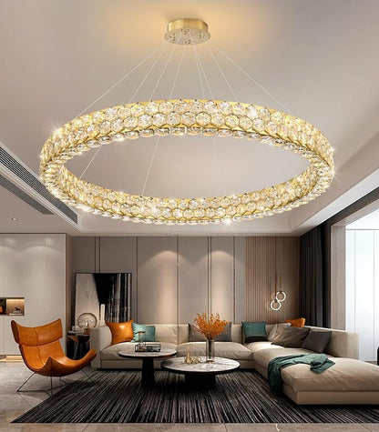 Modern Crystal Chandelier Large Ring Chandeliers for Living Room High Ceiling Chandeliers for Round LED Dimmable Ceiling Light Fixture for Foyer Lobby Bedroom Dining Room Gold