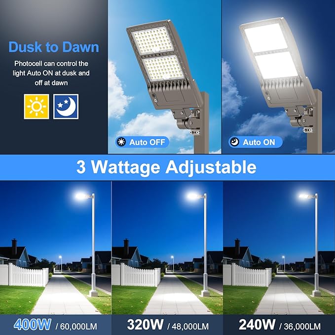 KUKUPPO 10Pack 400W LED Parking Lot Light Power Adjustable, Dusk to Dawn LED Shoebox Flood Pole Light Outdoor Parking Lighting Arm Mount 60,000LM 5000K IP65 Waterproof 100-277V UL Listed
