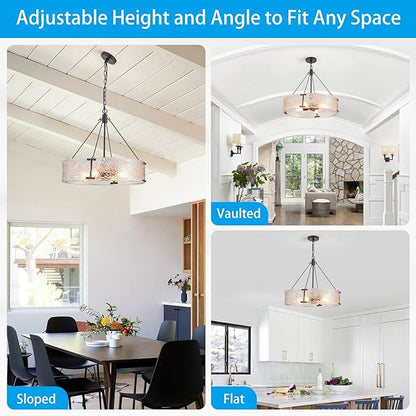 XINGQI 20.7" Black Glass Chandeliers Modern 4-Light Farmhouse Pendant Lighting Fixtures Elegant Round Chandeliers for Dining Room Kitchen Island Living Room Entryway