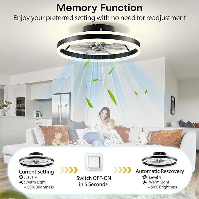 Ceiling Fans with Lights and Remote, 20" Low Profile Flush Mount Ceiling Fan, Pre-Assembled Design, Quiet DC Motor, 6 Wind Speeds, Dimmable 2700-6500K LED Light, Modern Ceiling Fan for Bedroom (Black)