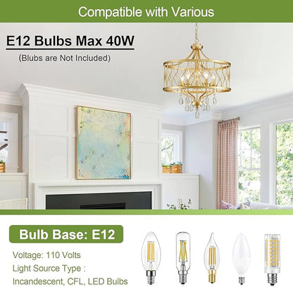 Gold Crystal Chandelier, 5-Light Modern Farmhouse Chandelier for Dining Room Vintage Hanging Pendant Light Fixtures, Gold Round Chandelier for Kitchen Island Entryway Foyer Bedroom Office Bar