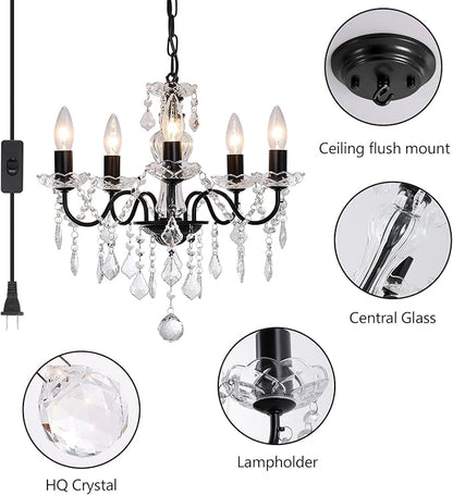 Plug in Modern 5-Light Black Chandelier with Glass Crystals, Candle Style Pendant Light Fixtures for Living Room, Girls Room, Kitchen Island, Entryway