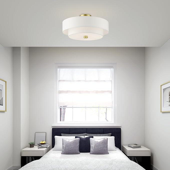 Livex Lighting 51045-12 Meridian Collection 4-Light Semi Flush Mount Ceiling Light with Off-White Hardback Fabric Shade, Satin Brass, 18 x 18 x 9