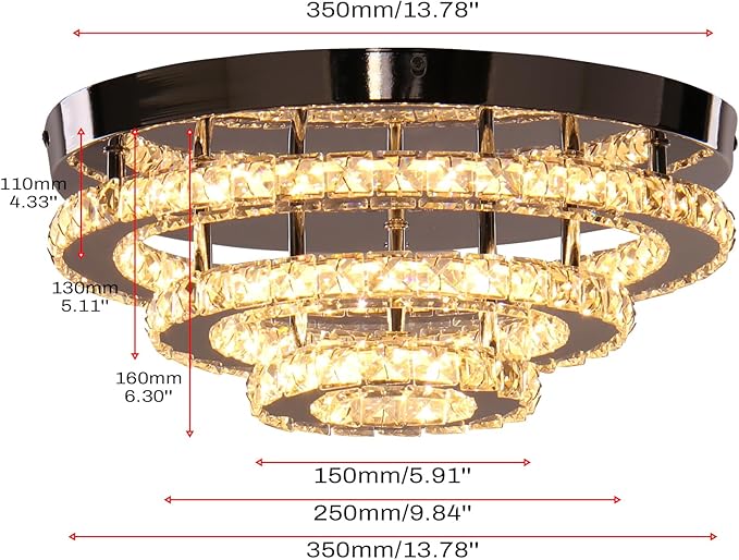 Modern LED Crystal Chandeliers 3-Tier Flush Mount Ceiling Light Fixture Round LED Crystal Chandelier Light for Bedroom Bathroom Kitchen Office(Warm White)