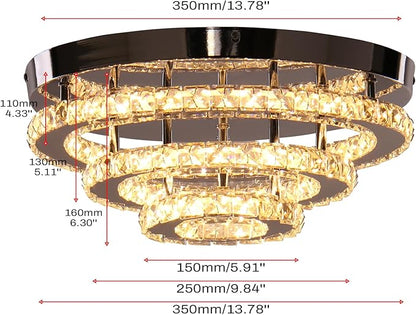 Modern LED Crystal Chandeliers 3-Tier Flush Mount Ceiling Light Fixture Round LED Crystal Chandelier Light for Bedroom Bathroom Kitchen Office(Warm White)