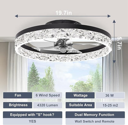 VOLISUN Low Profile Ceiling Fan with Lights and Remote, 19.7in Modern Ceiling Fans Flush Mount, 3000K-6500K Dimmable Bladeless LED Fan Light, Black Fandelier Ceiling Fans with Lights for Bedroom