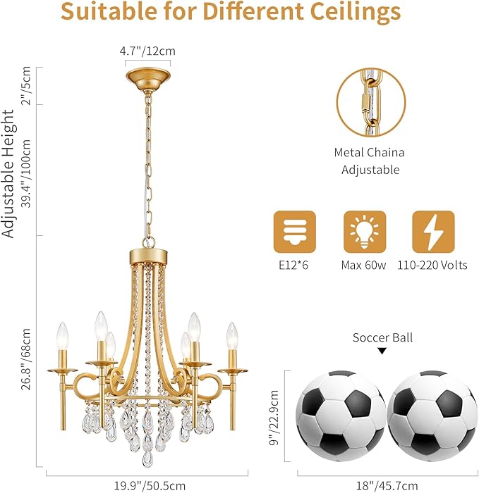 Modern Crystal Chandeliers for Dining Room, 6-Lights Gold Round Chandelier for Entryway, Crystal Chandelier Pendant Ceiling Lighting Fixture for Living Room Bedroom Kitchen Island Foyer Staircase