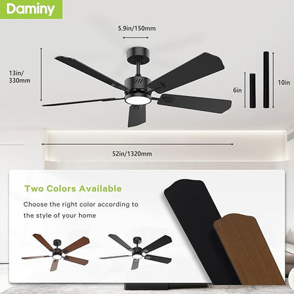 DAMINY 52 inch Ceiling Fan with Light,6CCT,5 Blade,Low Profile Ceiling Fan with Light and Remote Control,Downrods,Black,Living Room,Indoor/Outdoor Use