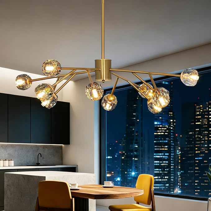 Depuley Chandelier Ceiling Light Fixture: 12-Light Modern Sputnik Chandelier for Dining Room - Height Adjustable Mid Century Gold Crystal Chandelier for Bedroom Living Room (Included G9 Bulbs)