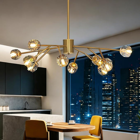 Depuley Chandelier Ceiling Light Fixture: 12-Light Modern Sputnik Chandelier for Dining Room - Height Adjustable Mid Century Gold Crystal Chandelier for Bedroom Living Room (Included G9 Bulbs)
