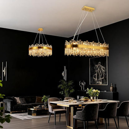 Weesalife Gold Crystal Chandeliers for Dining Room, 20 Lights Modern Oval Chandelier for Lining Room, Rectangular Crystal Pendant Light Fixture for Kitchen Island Bar L36 Inch
