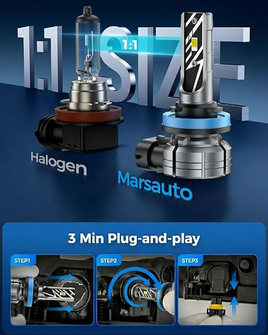 Marsauto H11/H16/H8 LED Fog Light Bulb, 14,000LM 6500K White H11 H16 H8 LED Fog Lights, 70000HRS Lifespan H11 Fog Light Bulbs for Car, Play and Plug, Exterior Lighting