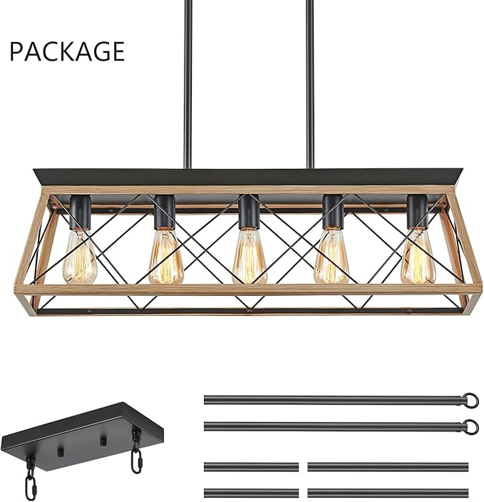 5-Light Farmhouse Dining Room Chandelier Over Table, Rustic Kitchen Island Lighting, Adjustable Height Pendant Light for Kitchen, Dining Room Table Rustic Wood