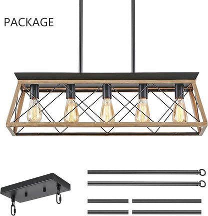 5-Light Farmhouse Dining Room Chandelier Over Table, Rustic Kitchen Island Lighting, Adjustable Height Pendant Light for Kitchen, Dining Room Table Rustic Wood