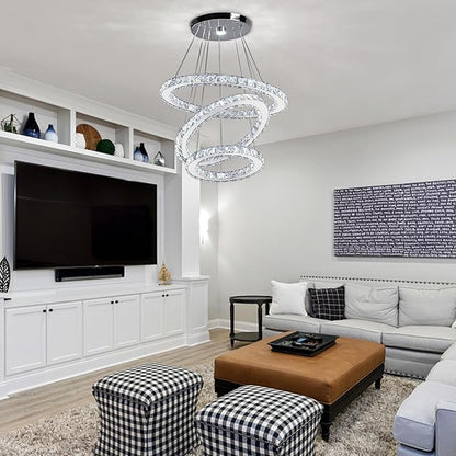 CLAIRDAI Modern Crystal Chandelier, Adjustable 3 Ring LED Ceiling Light Fixture, Dimmable K9 Crystal Chandelier for Dining Room, Bedroom, Living Room, Hallway
