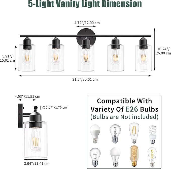Bathroom Vanity Light Fixtures Matte Black Bathroom Lighting Fixture, 5 Lights Bathroom Light Fixture Over Mirror, Modern Black Vanity Light, Wall Sconces with Glass Shades