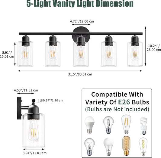Bathroom Vanity Light Fixtures Matte Black Bathroom Lighting Fixture, 5 Lights Bathroom Light Fixture Over Mirror, Modern Black Vanity Light, Wall Sconces with Glass Shades