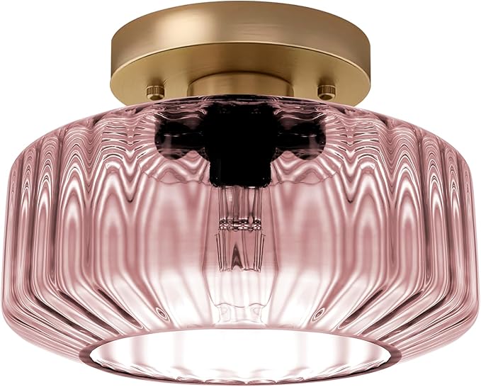 Pink Ribbed Glass Flush Mount Ceiling Light, 8.66" Modern Gold Semi-Flush Mount Light Fixture, Mid-Century Round Ceiling Lamp with E26 Base for Bedroom Bathroom Hallway
