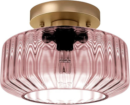 Pink Ribbed Glass Flush Mount Ceiling Light, 8.66" Modern Gold Semi-Flush Mount Light Fixture, Mid-Century Round Ceiling Lamp with E26 Base for Bedroom Bathroom Hallway
