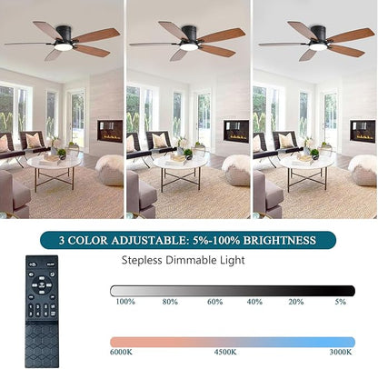 Ayaoty Ceiling Fans with Lights, 52 inch Low Profile Ceiling Fan with Light and Remote Control, Flush Mount, LED Dimmable DC Reversible Modern Ceiling Fan for Bedroom