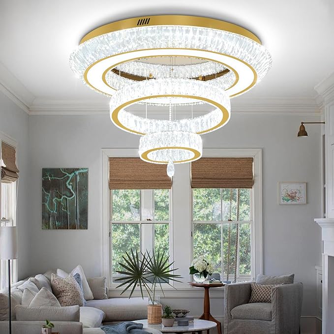 Led 40'' Gold Ring Crystal Chandelier,Modern Luxury Ceiling Lights Fixture for Dining Living Room 3-Tier Raindrop Chandeliers Lighting LED Dimmable 3000-6000K