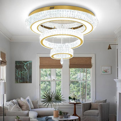 Led 40'' Gold Ring Crystal Chandelier,Modern Luxury Ceiling Lights Fixture for Dining Living Room 3-Tier Raindrop Chandeliers Lighting LED Dimmable 3000-6000K