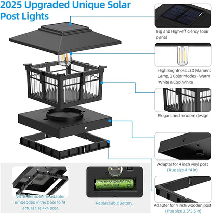 EXCMARK 2 Pack 4x4 Solar Post Cap Lights, Fence Deck Post Lights Outdoor Solar Powered Waterproof with Two Light Modes Warm&Cool White for Garden Patio Decor. (Classic Black,2)