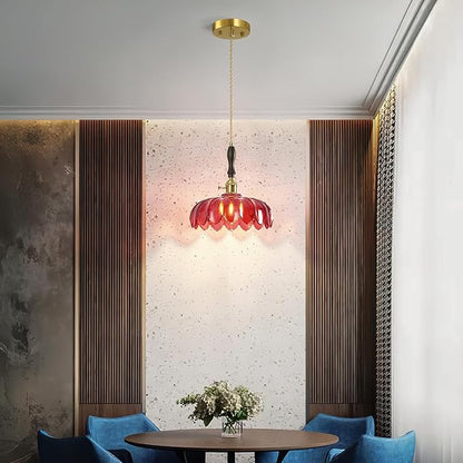 Modern Red Glass Pendant Light Retro Flower Glass Hanging Lamp Gold Brass Decorative Adjustable Ceiling Hanging Light Suitable for Kitchen Island Bedroom Dining Room Living Room