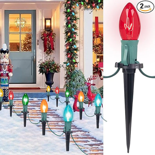 C9 Christmas Pathway String Lights, 2 Pack 25.7 Ft C9 20 Lights with 20 Multicolored Glass Bulbs and 20 Stakes Connectable Waterproof for Outdoor Indoor Xmas Party Holiday Decoration, Multicolor