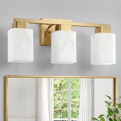 3-Light Square Bathroom Light Fixture, Gold Modern Vanity Light with White Marble Glass Shade, for Bathroom Mirror, Living Room, Bedroom, Hallway, E26 Base