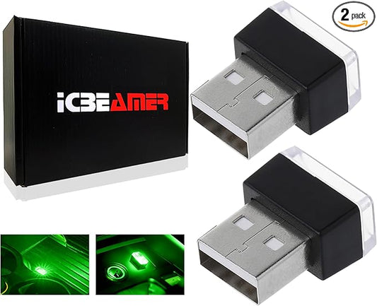 ICBEAMER USB Type-A LED Night Light 2-Pack (Green) | Plug-in Universal Fit Automotive Accessory for Car Interior and Trunk Ambient Atmosphere Lighting