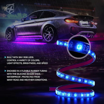 Xprite 8Pcs Car RGB LED Strip Lights, Exterior Underglow & Interior Bluetooth Lights Kit, APP Control & Wireless Remote, Music Sync, Underbody Inside Neon Ambient Lighting Strips for Cars SUV Truck