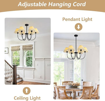 KCO Lighting Modern Farmhouse Chandelier Black Sputnik Chandelier Light Fixture White Fabric Chandelier Ceiling Light Vintage Pleated Chandelier Traditional Chandeliers for Dining Room