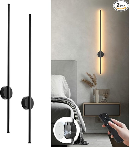 Battery Operated Modern Wall Sconces Set of Two,Rechargeable Wireless Wall Lights with Remote Control,Dimmable,3CCT,Timer,360°Rotation,Cordless Lighting for Bedroom,Living Room,Hallway,Black,39.3 Inch