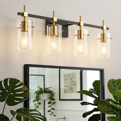 SOLFART Farmhouse Brass Bathroom Vanity Lights fixtures Over Mirror Vintage Bathroom Lighting Wall Sconce with Glass Shade 4 Lights
