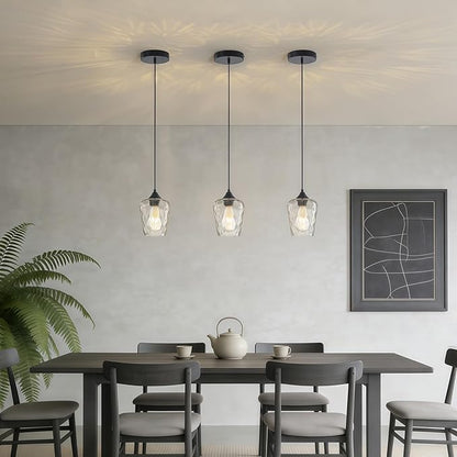 2 Pack 5.1" Mini Black Blown Glass Pendant Lights Kitchen Island Lighting, Small Black Hammered Glass Pendant Light Fixtures, Kitchen Pendant Lights with Hammered Glass Shades for Dining Room Sink